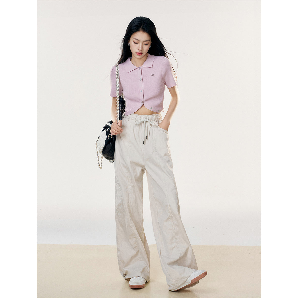 Liilou Drawstring Lace-Up Wide-Leg Cargo Pants Apricot