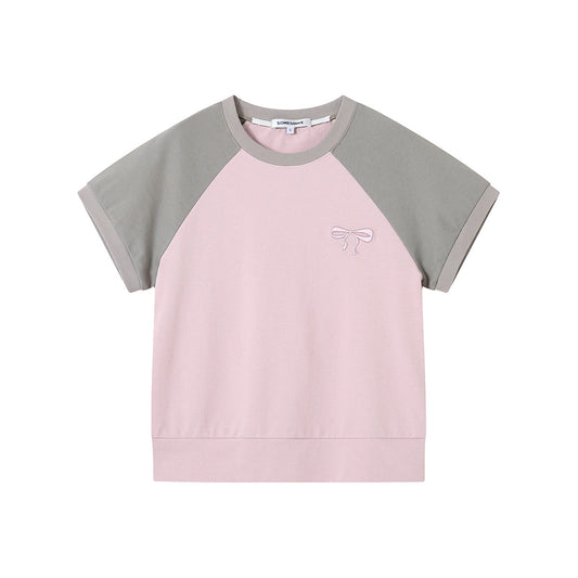 SomeSowe Bow Embroidered Raglan T-Shirt Pink