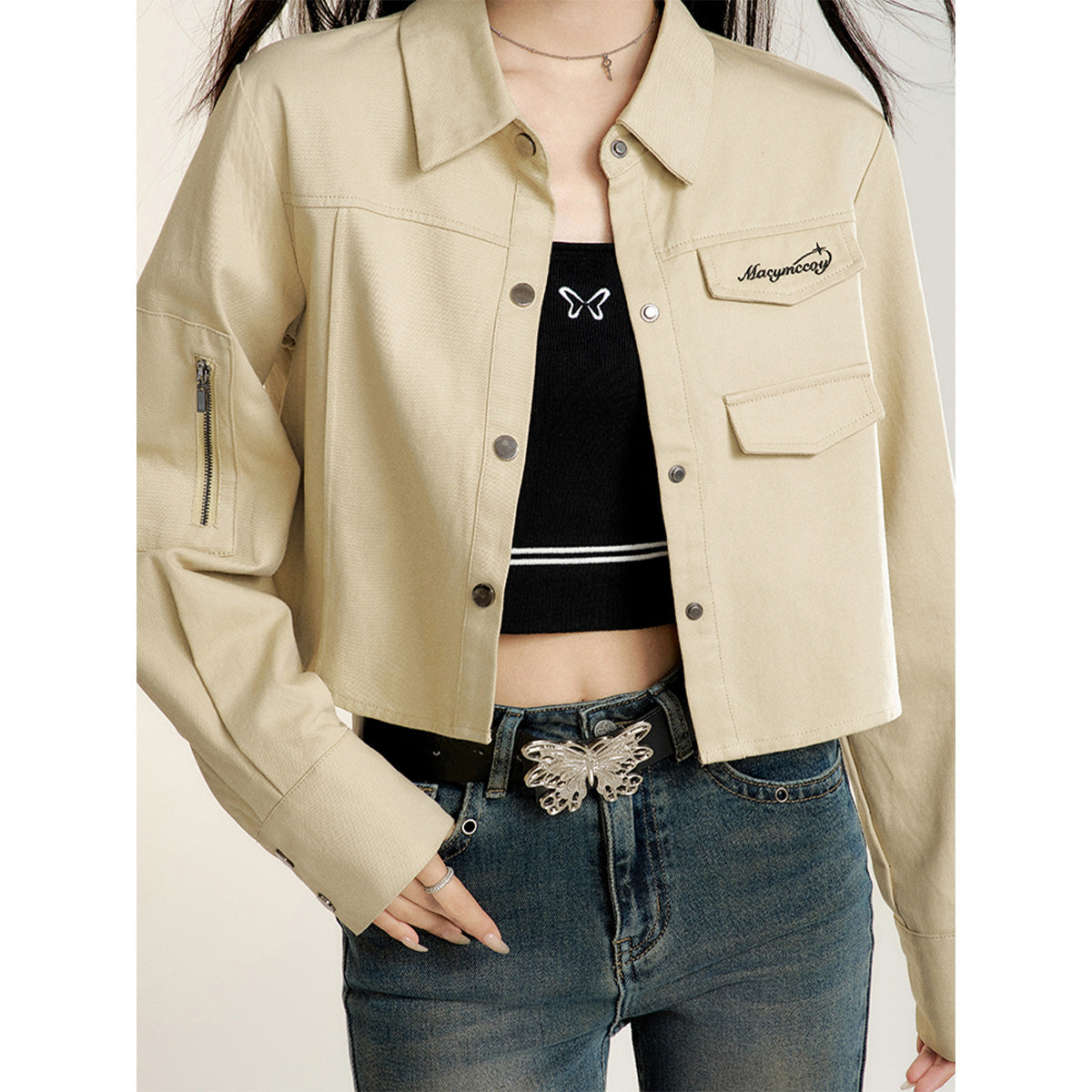 MacyMccoy Cargo Shirt Loose Short Jacket Khaki