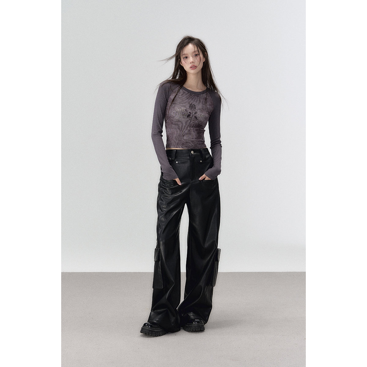 Via Pitti 3D Large Pocket Wide-Leg Leather Pants Black