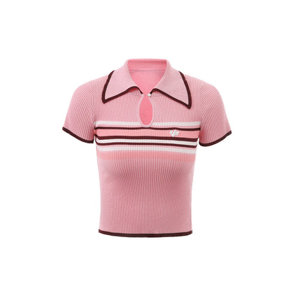 Via Pitti Color Blocked Striped Kint Crop Top Pink