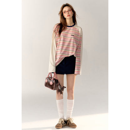 AsGony Contrast Color Striped Casual L/S T-Shirt Pink