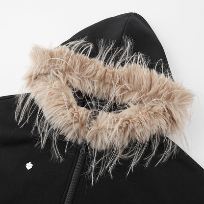 SomeSowe Detachable Fur Collar Hooded Top Jacket Black