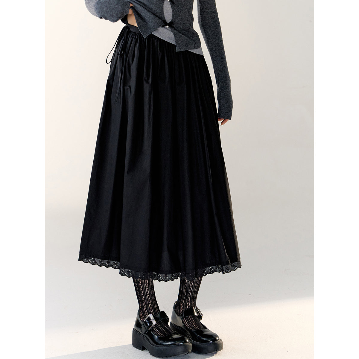 AsGony Lace Patchwork Drawstring Long Skirt Black