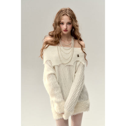 Via Pitti Destroy Cutting Off-Shoulder Knit Sweater Dress White