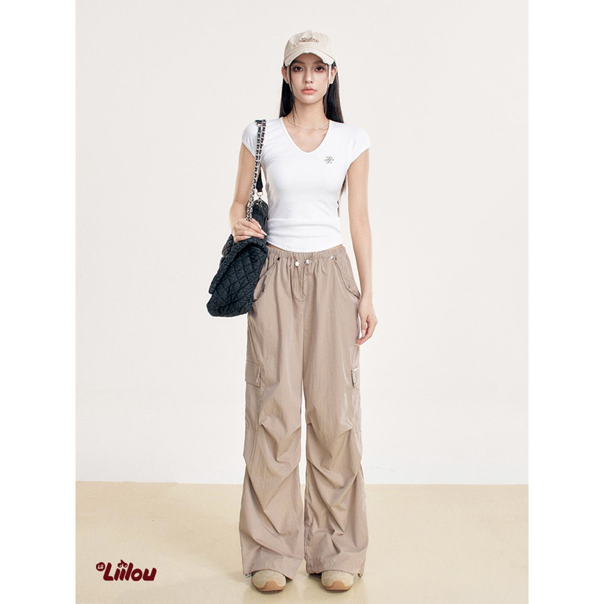 Liilou Drawstring Multi-Pockets Wide-Leg Cargo Pants