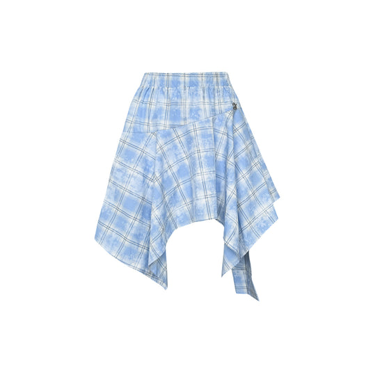 AsGony Irregular Bow Tie Plaid Skirt Blue