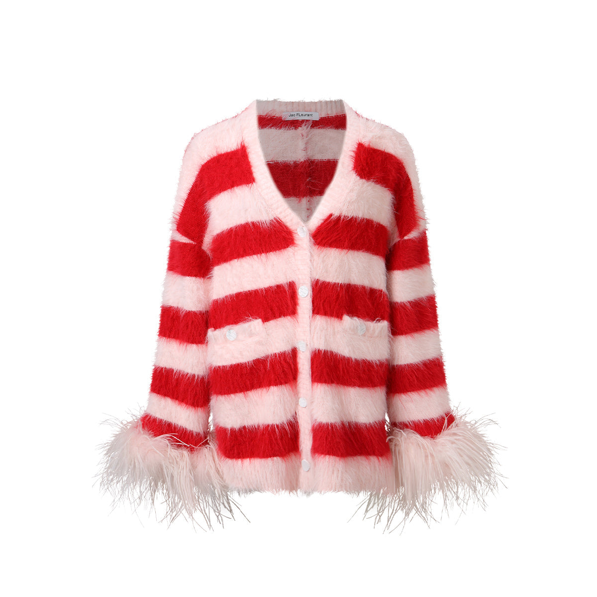 Jac Fleurant Color Blocked Striped Feather Cuff Cardigan White