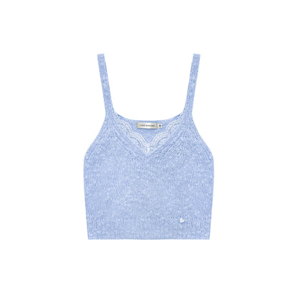 AsGony Lace Patchwork Knit Slip Vest Blue