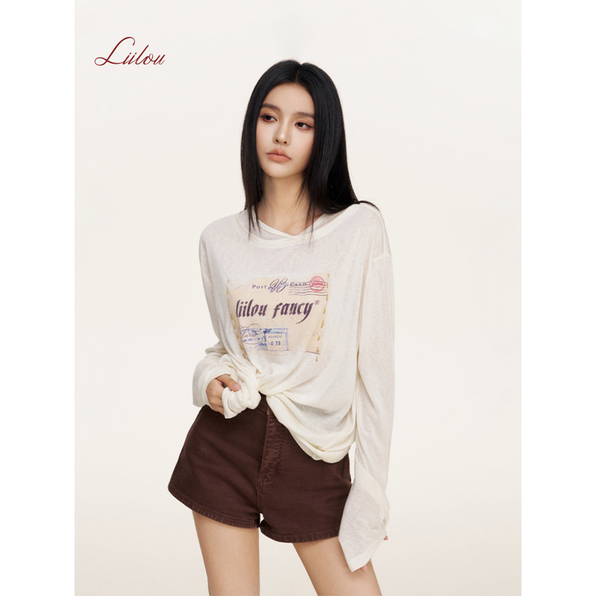 Liilou Stamp Printed Fake-2-Piece Irregular Top Cream