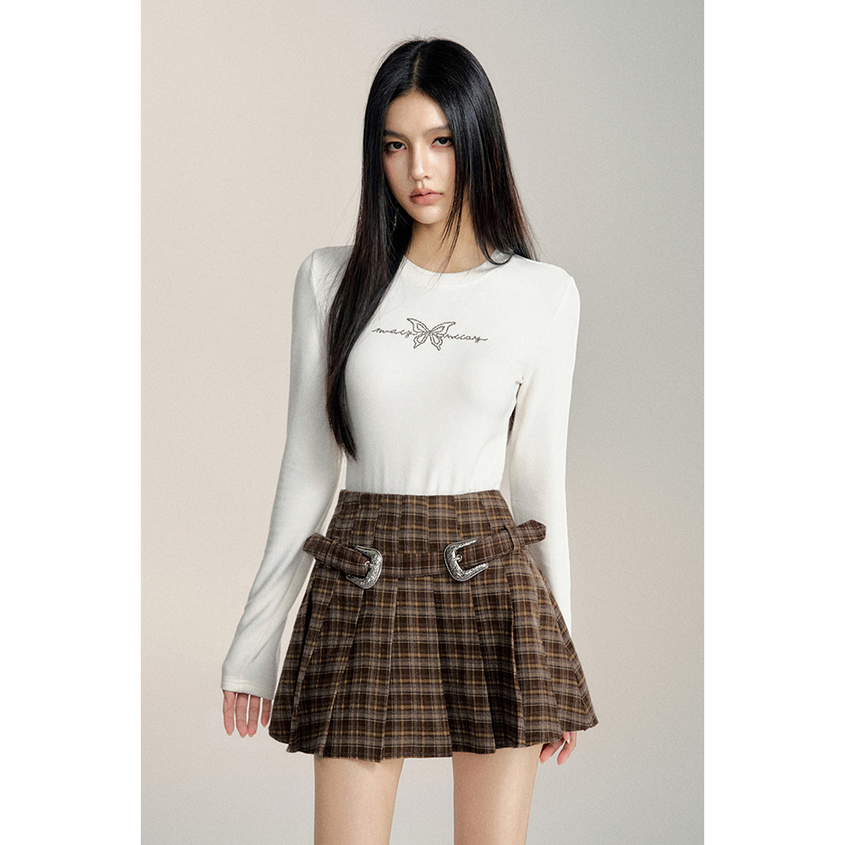 MacyMccoy Plaid High-Waist Belt A-Line Pleated Skirt