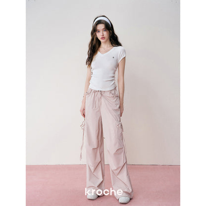 Kroche Lace Patchwork Bow Lace Up Cargo Pants Pink