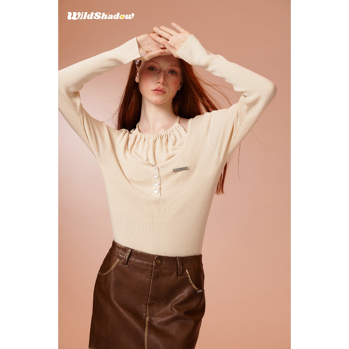 Wildshadow Hollow-Out Fake-2-Piece Knit Top Cream