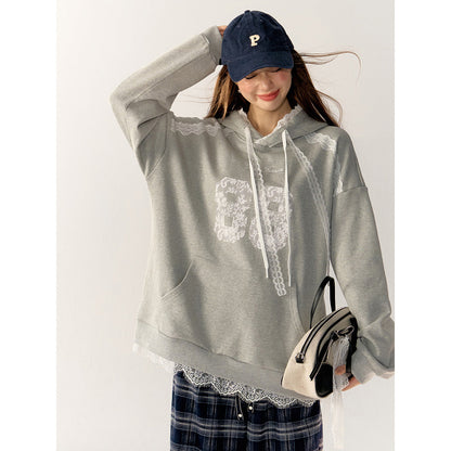 AsGony Lace Edge Drawstring Hoodie Gray