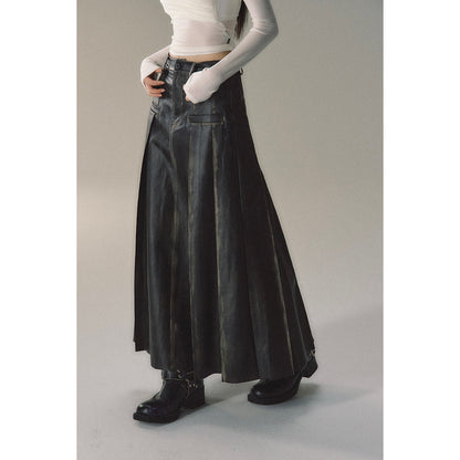 Via Pitti Brush-Off Leather Pleated Long Skirt Black