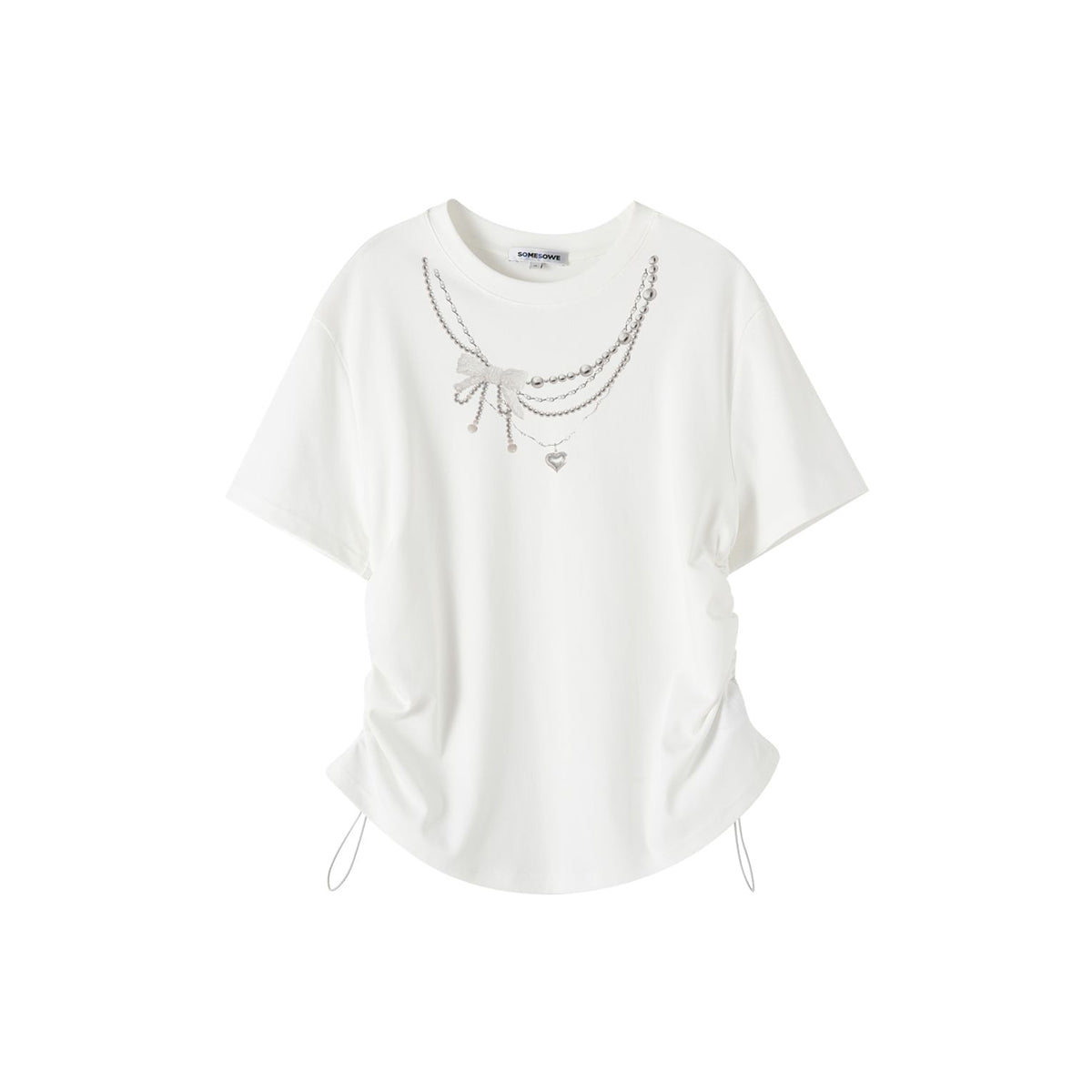 SomeSowe Pearl Necklace Printed Drawstring T-Shirt White