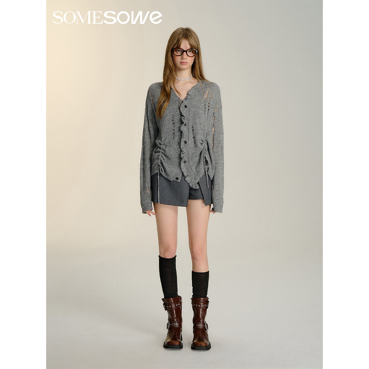 SomeSowe Destroyed Wrinkle Knit Cardigan Gray