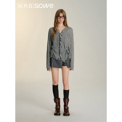 SomeSowe Destroyed Wrinkle Knit Cardigan Gray