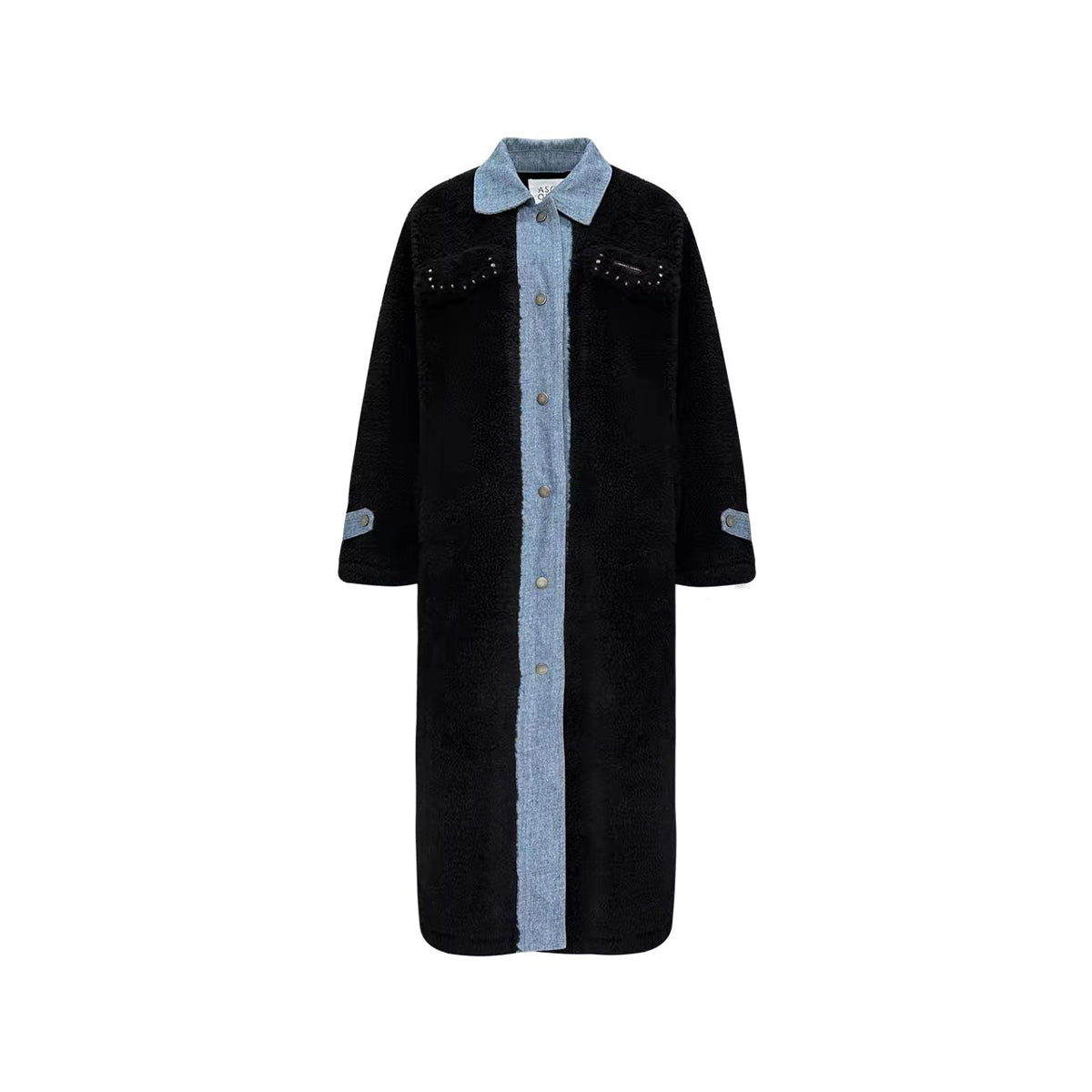 AsGony Fake-2-Piece Denim Patchwork Fleece Long Coat Black