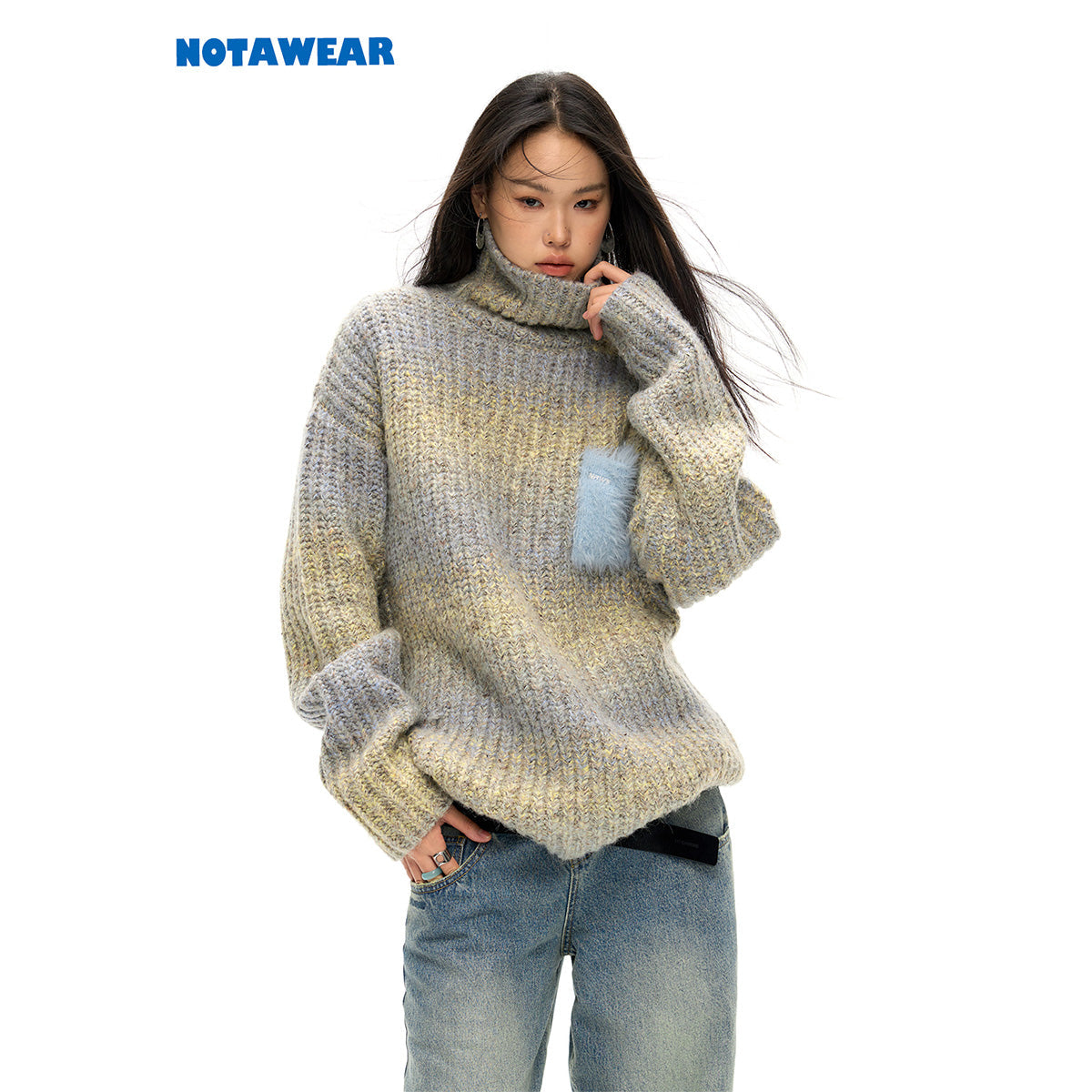 NotAwear Color Blocked Fluffy Pocket Sweater Grey