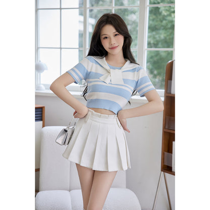 Three Quarters Striped Navy Collar Knit Short Top Blue