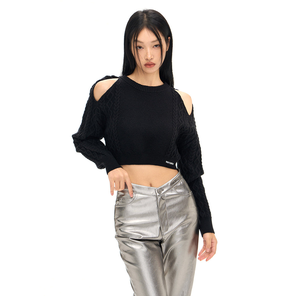 NotAwear Hollow Out Cutting Crop Knit Sweater Black