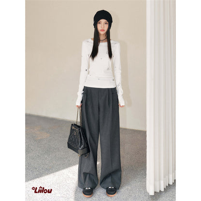 Liilou Striped High Waist Wide Leg Suit Pants Dark Grey