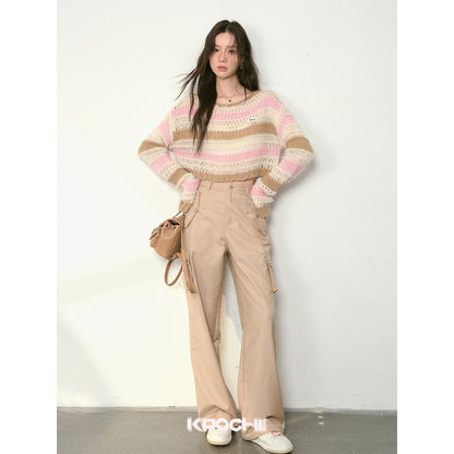 Kroche Color Blocked Striped Hollow Knitted Sweater