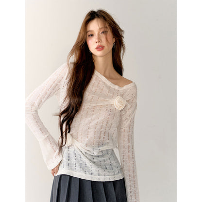 AsGony 3D Flower Hollow Cutting Knit Top White