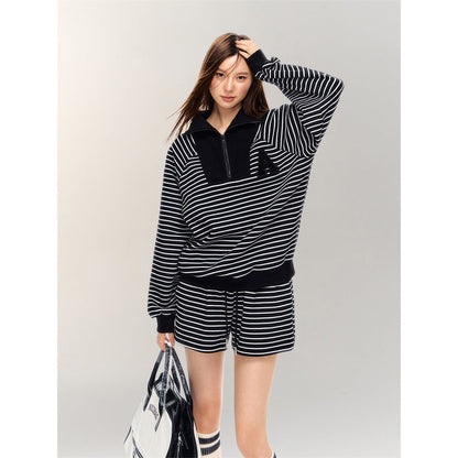 AsGony Striped Zipper Lapel Casual Sweater Black