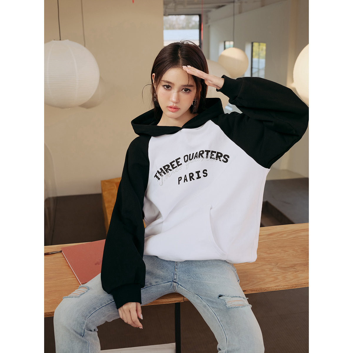 Three Quarters Rhinestone Printed Logo Hoodie Black