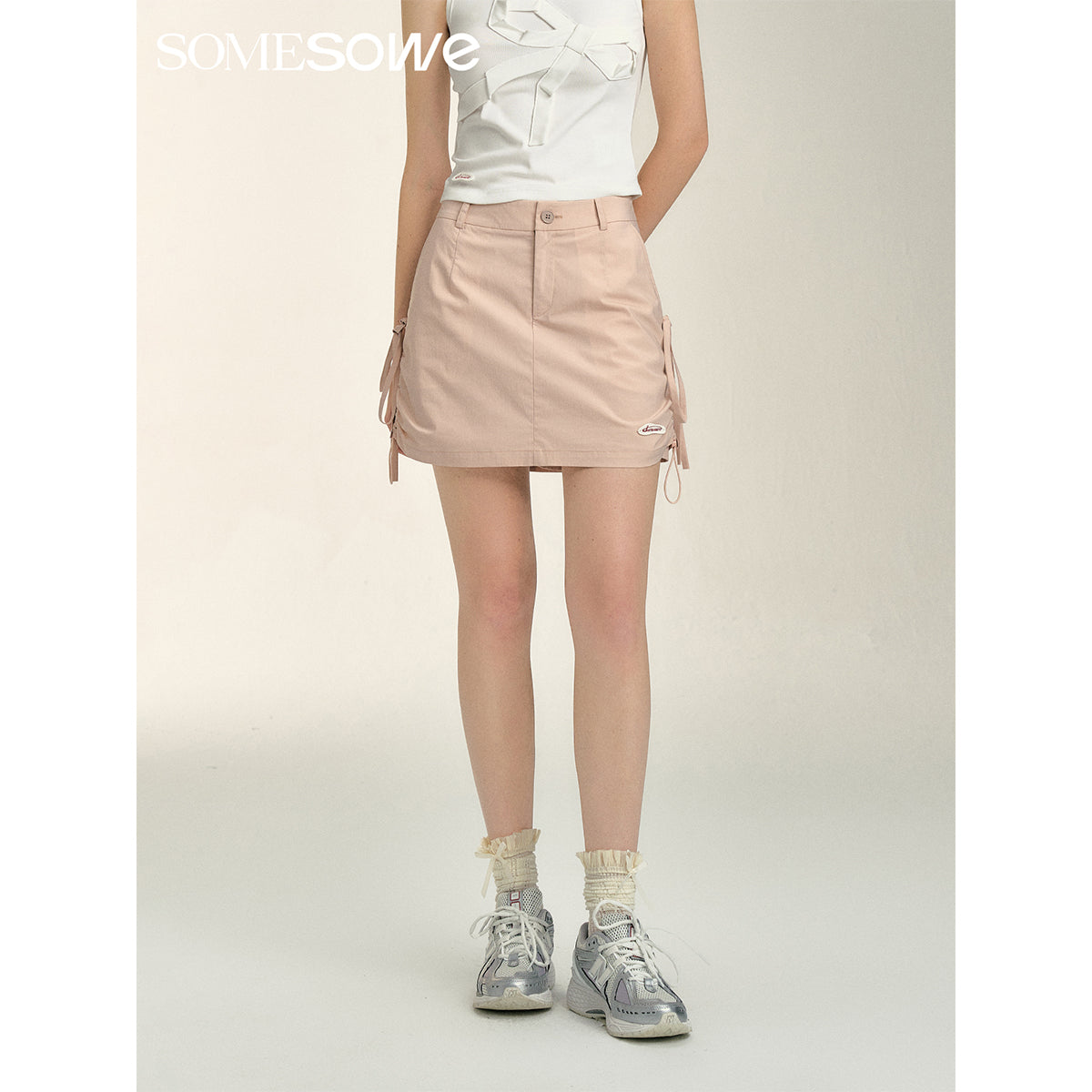 SomeSowe Bow Drawstring Cargo Skirt Pink