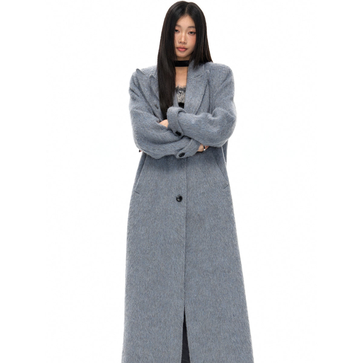 NotAwear Double Collar Oversize Silver Thread Woolen Coat Grey