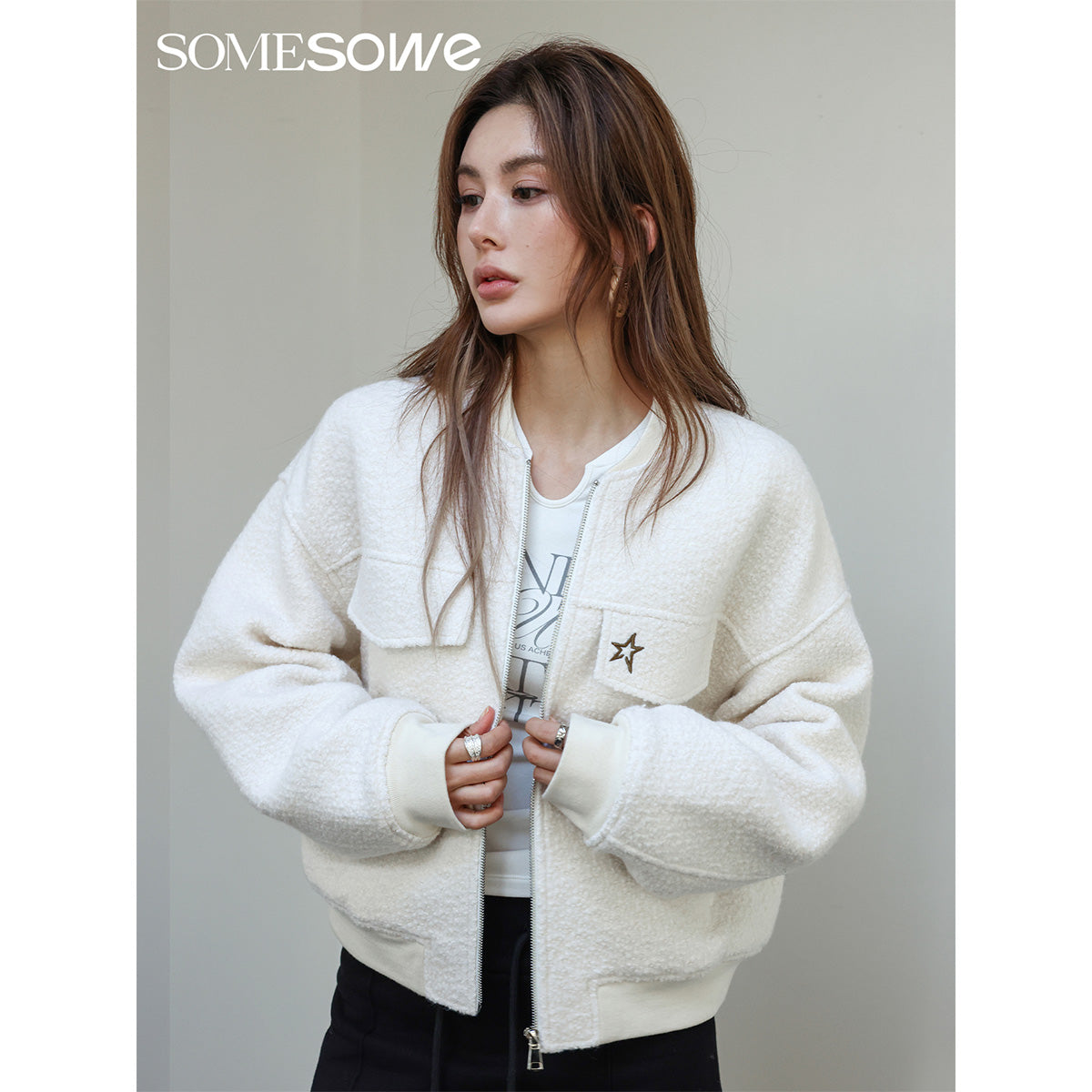 SomeSowe Star Embroidery Loop Woolen Jacket White