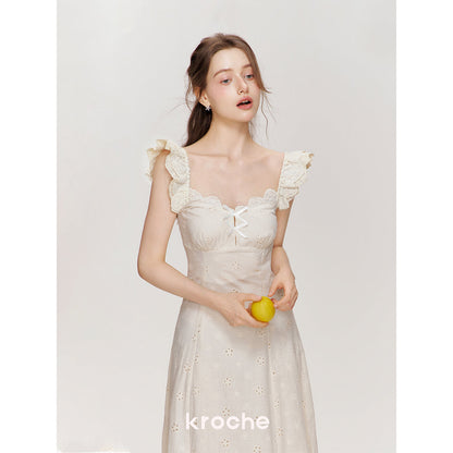 Kroche Hollow Out Embroidered Lace Long Dress Beige