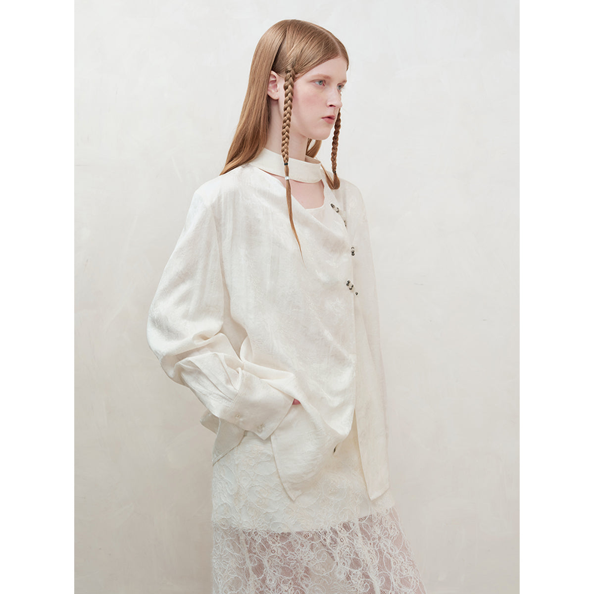 Anno Mundi Beaded Chinese-Style Jacquard Shirt White