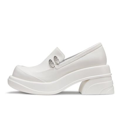 Lost In Echo Round Toe Thick-Soled Heel Leather Shoes White