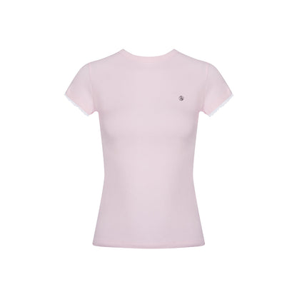 Kroche Lace Sleeve Clean Fit Logo Slim Fit Top Pink