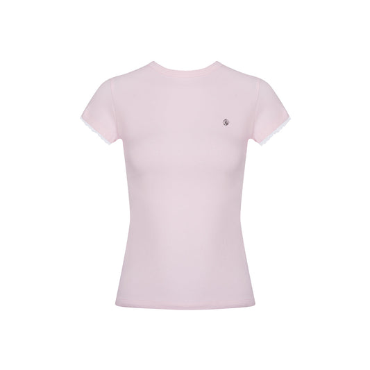 Kroche Lace Sleeve Clean Fit Logo Slim Fit Top Pink