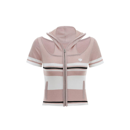 Via Pitti Color Blocked Short Sleeve Hooded Top Pink