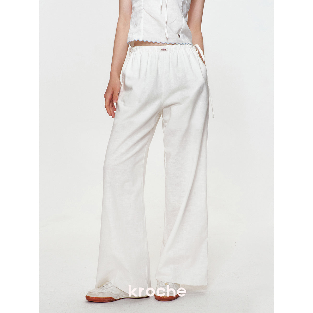 Kroche Drawstring Linen Wide-Leg Pants White