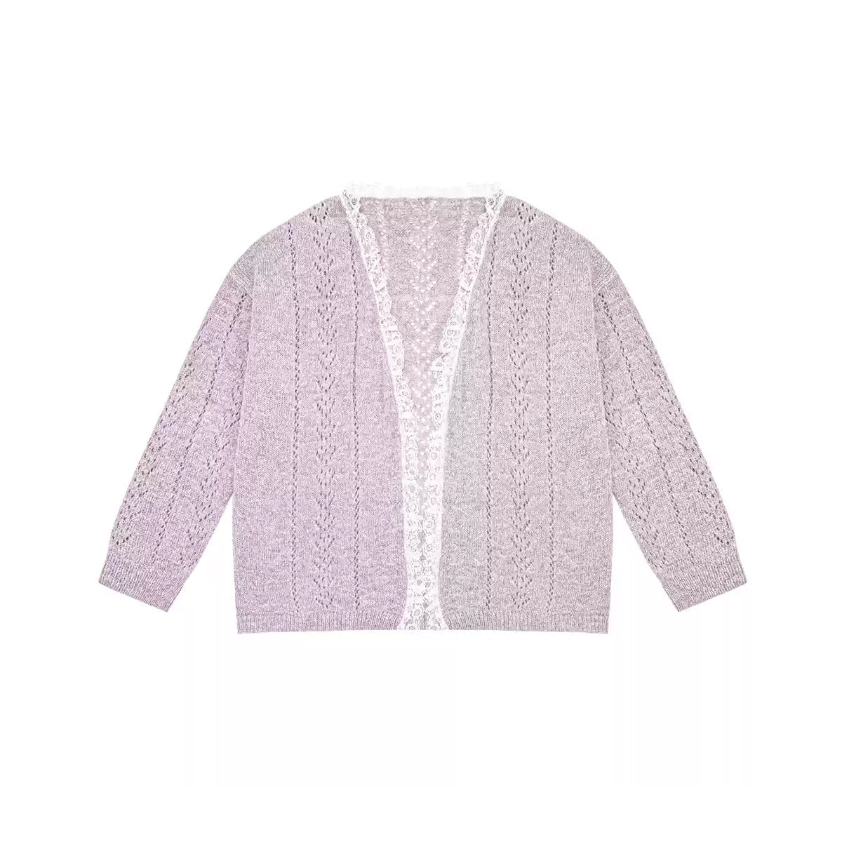 AsGony Lace Edge Hollow Cutting Knit Cardigan Purple