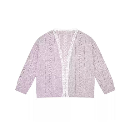 AsGony Lace Edge Hollow Cutting Knit Cardigan Purple