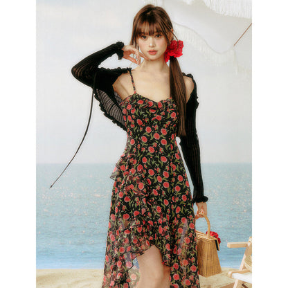 AsGony Printed Rose Floral Irregular Slip Dress Black