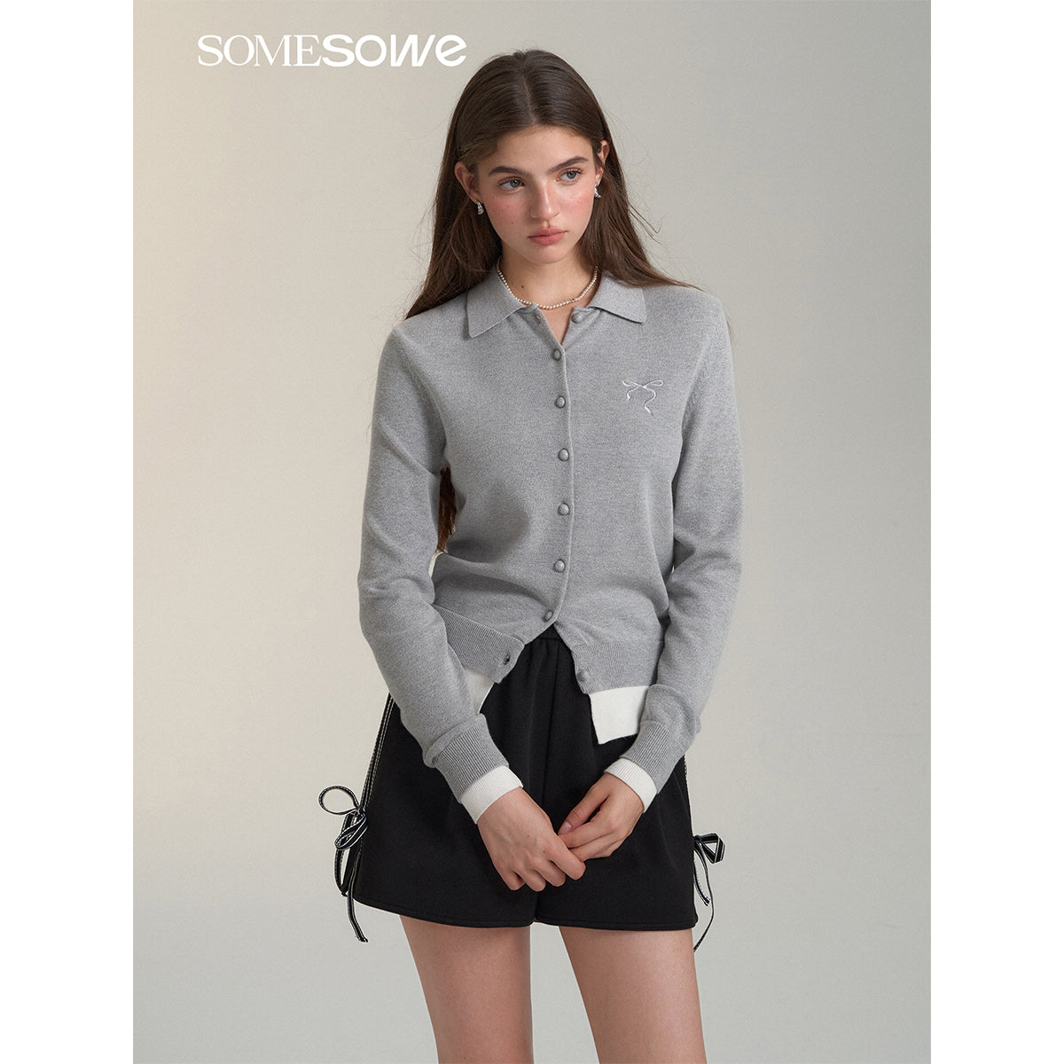 SomeSowe Fake-2-Piece Bow Knit Polo Cardigan Gray