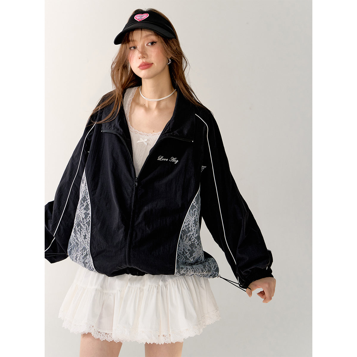 AsGony Retro Lace Applique Casual Jacket Black