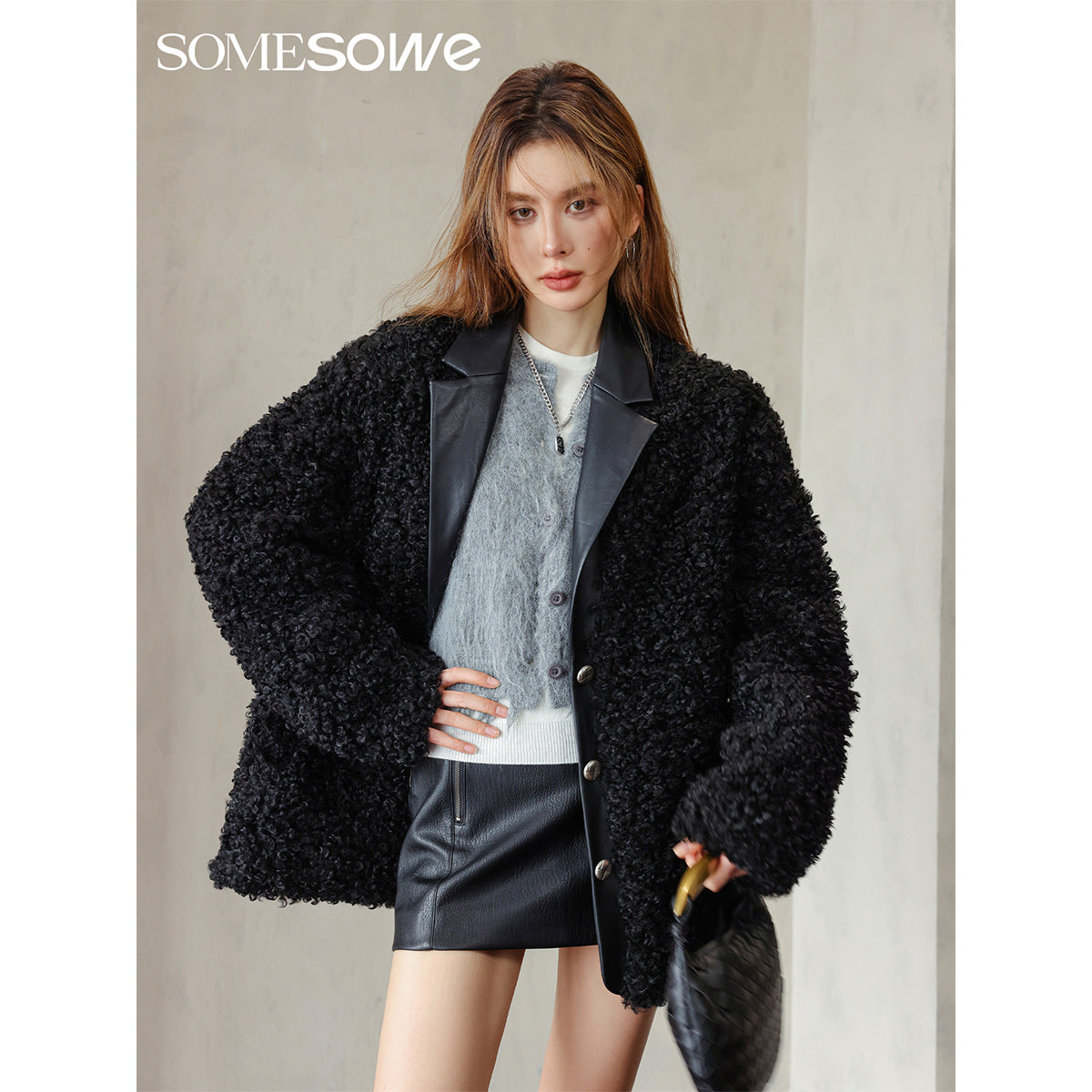 SomeSowe Leather Integrated Furry Jacket Black