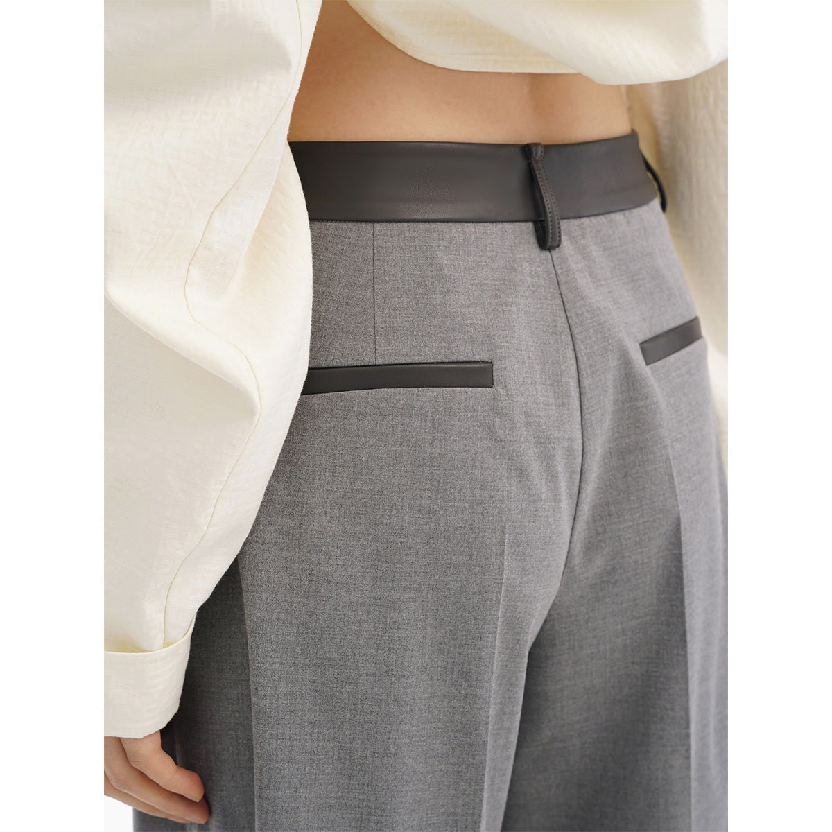 Cottia Leather Stitching Wide-Leg Pleated Pants Grey