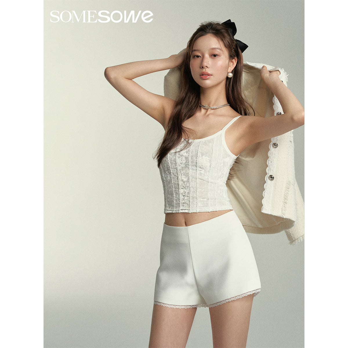 SomeSowe Bow Lace Textured Slip Vest White