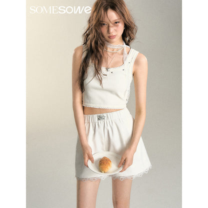 SomeSowe Lace Edge Rivet Knit Vest White